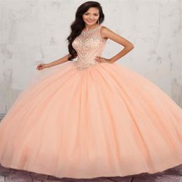 Luxury Beaded Crystal Sweet 16 Dresses New Peack Pink Ball Gown Quinceanera Dresses Keyhole Back Sweetheart Puffy Prom Party Gowns262d