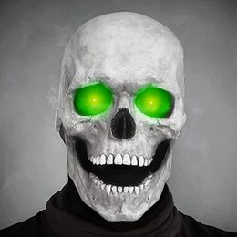 Active Full Head Skull Mask with Movable Jaw Headgear Green Glowing Eyes Halloween Props Horror Halloween Mask