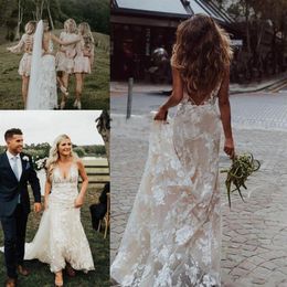 Modest Beach Bohemian Mermaid Wedding Dresses V-neck Backless Sweep Train Country Wedding Dress Bridal Gowns vestidos de Noiva rob1708