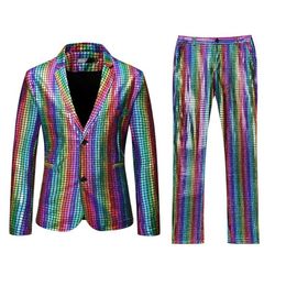 Mens Rainbow Plaid Sequin Glitter Tail Coat Stage Singer Costume Homme Wedding Groom Prom Tuxedo Suits Men Suit Jacket Pants Men238e