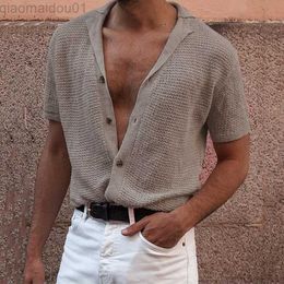 Men's Casual Shirts 2023 Fashion Male Turn-Down Knitted Solid Shirts Summer Loose Tops Men Tops Sardigan Casual Button Design Short Sleeve Shirts L230721