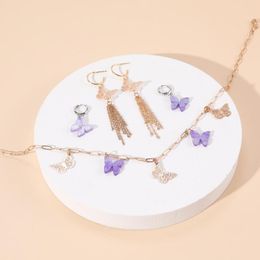 Hoop Earrings Necklace And Earring Jewellery Suit For Women Girls Fashion Alloy Chain Acrylic Pendant Purple Butterfly Fringe Tassel