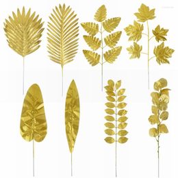 Decorative Flowers 5pcs Gold Artificial Palm Leaves Silk Eucalyptus Leaf Fake Plant Wedding Birthday Party Home Table Decoration