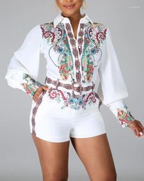 Women's Tracksuits Two Piece Sets Spring Summer Fashion Women Tribal Print Long Sleeve Button Down Shirt & Shorts Set Female Streetwear