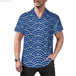 Men's Casual Shirts Blue Seigaiha Print Casual Shirts Japanese Waves Beach Shirt Hawaiian Street Style Blouses Men Print 3XL 4XL L230721