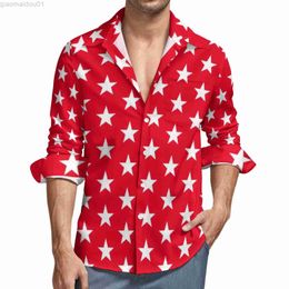 Men's Casual Shirts White Red Star Y2K Casual Shirt Men Athletic July 4th Stars Print Shirt Autumn Vintage Blouses Long Sleeve Custom Oversized Top L230721