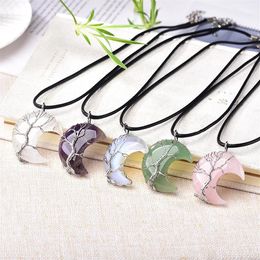 Natural Crystal Pendant Tree Of Life Moon Shape Reiki Polished Mineral Jewellery Healing Stone For Men Women Jewellery Gift223L