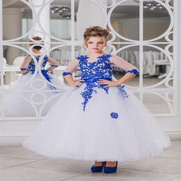 New Flower Girl Dresses Royal Blue Bow Sashes O-Neck Three Quarter Lace Ball Gown Formal Pageant Communion Gown Vestido300E