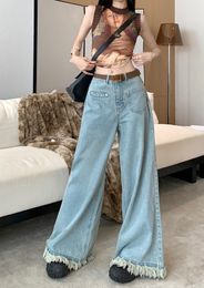 Women s Jeans Retro Furry Fringed Flared Leg Denim Casual Garment For Ladies Summertime High Waist Slimming Puddle Pants 230720
