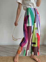 Womens Pants Capris Summer Colourful Geometric Print Pleated Wide Leg Pants Mid Waist Loose Straight Leg Casual Cropped Pants 230720