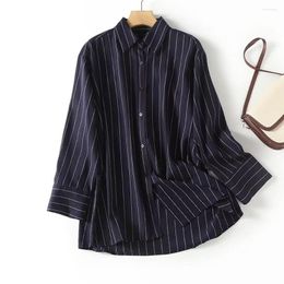 Women's Blouses Early Autumn Fashion Ladies Navy Blue Comfortable Lapel Long Sleeve Linen Blend Striped Loose Shirt