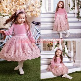 Velvet Short Flower Girls Dresses Long Sleeve Lace Little Girls Pageant Skirt Cheap Girl Formal Wear Party Ball Gown First Communi345q