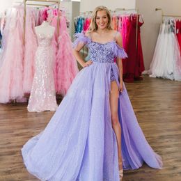 Sparkly Purple Spaghetti Strap Prom Dresses Sequin Side Split 2 Pieces Evening Party Gown Feather Of Shoulder Junior Homecoming Dress 407