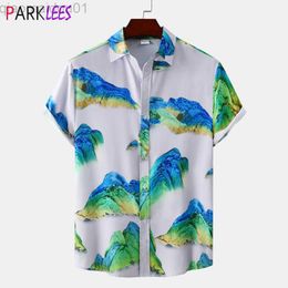 Men's Casual Shirts Stylish Mountainous Print Mens Hawaiian Shirt Short Sleeve ha Beach Shirt Casual Button Down Summer Beach Party Shirt Chemise L230721