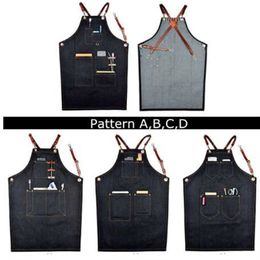 Unisex Denim Bib Apron Leather Strap Barista Baker Working Uniform for Bartender BBQ Chef Cook Household Cleaning Tools Supplies211f