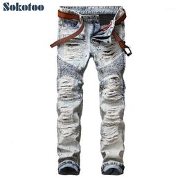 Sokotoo Men's casual painted holes ripped biker jeans for moto Vintage light blue slim straight denim pants Long trousers1192p