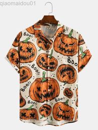 Men's Casual Shirts Men's Halloween Pumpkin Graphic Print Short Sleeve Shirt Retro Funny Pumpkin Element Pattern Party Wear L230721