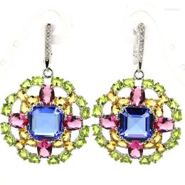 Stud Earrings 48x30mm Mutli Colour 13.5g Pink Tourmaline Green Peridot Violet Tanzanite CZ Real 925 Solid Sterling Silver