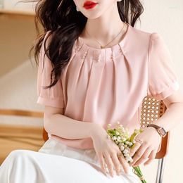 Women's T Shirts Korean Style Chiffon Shirt Women Ruched Beading Solid Tops For Blouse Short Sleeve White Pink Summer 36911
