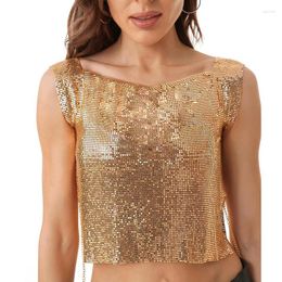 Women's Tanks 2023 Summer Women Tie Sexy Slash Neck Sparkly Sequins Casual Nightclub Performance Stage Party Beach Top Rose Red Sliver Gold