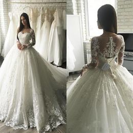 2019 Luxury Country Wedding Dresses Ball Gown Sheer Neck Long Sleeve Sweep Train Bridal Gown With Lace Applique Plus Size Wedding 332t