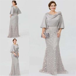 2019 New Silver Elegant Mother Of The Bride Dresses Half Sleeve Lace Mermaid Wedding Guest Dress Plus Size Formal Evening Gowns192b
