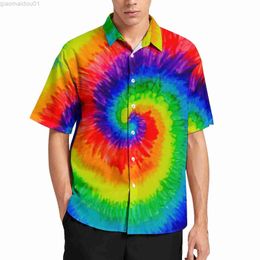 Men's Casual Shirts Rainbow Tie Dye Casual Shirt Psychedelic Hippie Print Beach Loose Shirt Hawaii Vintage Blouses Short Sleeve Graphic Oversize Top L230721