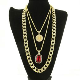 Iced Out Gold Plated Miami Cuban Link Red Ruby Chain Combo 3 Necklace Set Men Fashion Hip Hop Simulated Diamond Punk Necklace305r