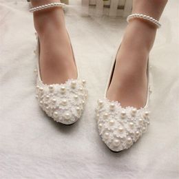 Cheap Pearls Wedding Shoes For Bride 3D Lace Appliqued Prom High Heels Ankle Strap Plus Size Pointed Toe Bridal Shoes216I