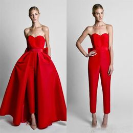 Krikor Jabotian Red Women Jumpsuits 2019 Prom Dresses Sweetheart Satin Bow Sash Evening Gowns With Detachable Train Long Part Dres295n