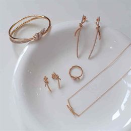 Custom Rose Gold Diamond bow knot light luxury high sense simple Knot Necklace Earrings 925 silver bracelet ring286G