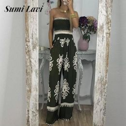 Women's Jumpsuits Rompers Women Chest Wrap Sleeveless Sexy Jumpsuit Vintage Totem Print Wide Leg Pants Romper Summer Ladies High Waist Pocket Playsuit 230720