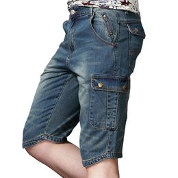 Men s Shorts Summer Fashion Denim Cargo Zippers Multi Big Pockets Straight Cotton Casual Jeans Short 230721