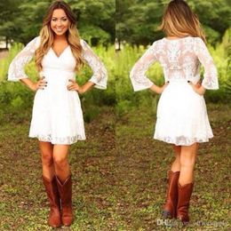 Vestidos White Short Lace Cowgirls Country Bridesmaid Wedding Dresses with 3 4 Long Sleeves Mini Bridal Gowns Reception Dress Cust261w
