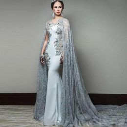 Newest Abric Mermaid Evening Dresses with Cape Sleeve Jewel Neck Formal Evening Wear Sequined Sweep Train Celebrity Gowns207b