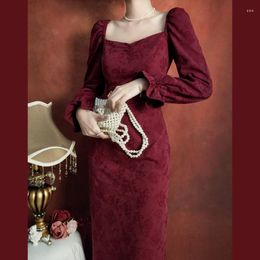 Casual Dresses EWSFV 2023 Autumn Women Retro Solid Dress French Hepburn Style Court Square Collar Full Sleeve Elegant Midi