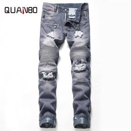 New Arrival Men Nostalgia Retro Jeans Fashion Ripped Moto Biker Jeans Designer Beggar Denim Pants Big Size Brand Clothing240R