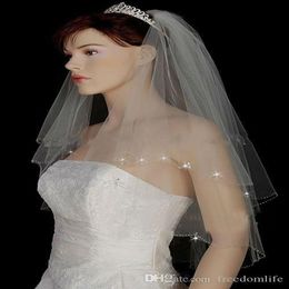 Wedding Veils with Crystal for Bride Soft Tulle Bridal Veil with Crystals Short Layered Bridal Vail Cheap287d