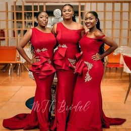 New Designer Red Mermaid Bridesmaid Dresses One Shoulder Appliques Wedding Guest Maid Of the Honor Gowns249j