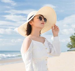Wide Brim Hats Fashion Edge Summer Ladies Sun Hat Soft Top Foldable Simple Bow Beach Cap Lady
