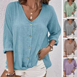 Women's Blouses Women Spring Shirt V Neck Buttons Single-breasted Long Sleeve Lady T-shirt Solid Color Soft Vintage Loose Mid Length Top