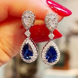 Dangle Earrings Huitan Temperament Deep Blue CZ Luxury Women's For Engagement Wedding Party Simple Pear Shape Fashion Jewelry