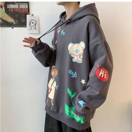 Men's Hoodies Autumn And Winter Harajuku Cartoon Print All-match Handsome Hooded Sweatshirt Male Korean Version Of The Trend Loose Ins