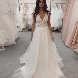 Sexy Deep V-Neck Lace Top A-Line Wedding Dresses Sexy Backless Bridal Gowns Soft Tulle Sleeveless Women Vestidos De Mariee Plus Si269t