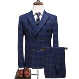 Men's Suit Set Business Formal Wedding Dress Groom BlueTuxedo Slim Fit Double Breasted Grid Male Suit Set MenJacket Pents Ve308K
