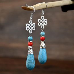 Dangle Earrings Vintage Water Drop-shapped Turquoise For Women Girls Bohemia Silver Colour Handmade Geometric Jewellery