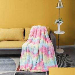 Blankets Thickened Double Layer Cashmere Blanket Imitation Fur Plush Back Printed Tie Dyed Brushed Wool Drop Delivery Home Garden Tex Dhrwg