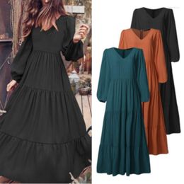 Casual Dresses Elegant Women's 2023 Spring Autumn Lady Solid Colour V-Neck Long Sleeve Cotton Dress Female Robe S-5XL