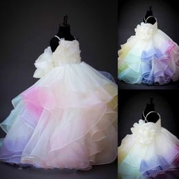 2020 Cute Rainbow Flower Girl Dresses Lace 3D Floral Applique Beaded Tiered First Communion Dress Spaghetti Prom Gowns Party Eveni266T