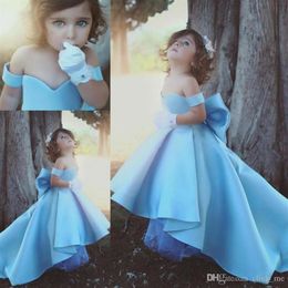 Cute Blue Off The Shoulder Girls Pageant Dresses Children Big Bow Satin High Low Flower Girl Dresses For Wedding Kids Birthday Par2531